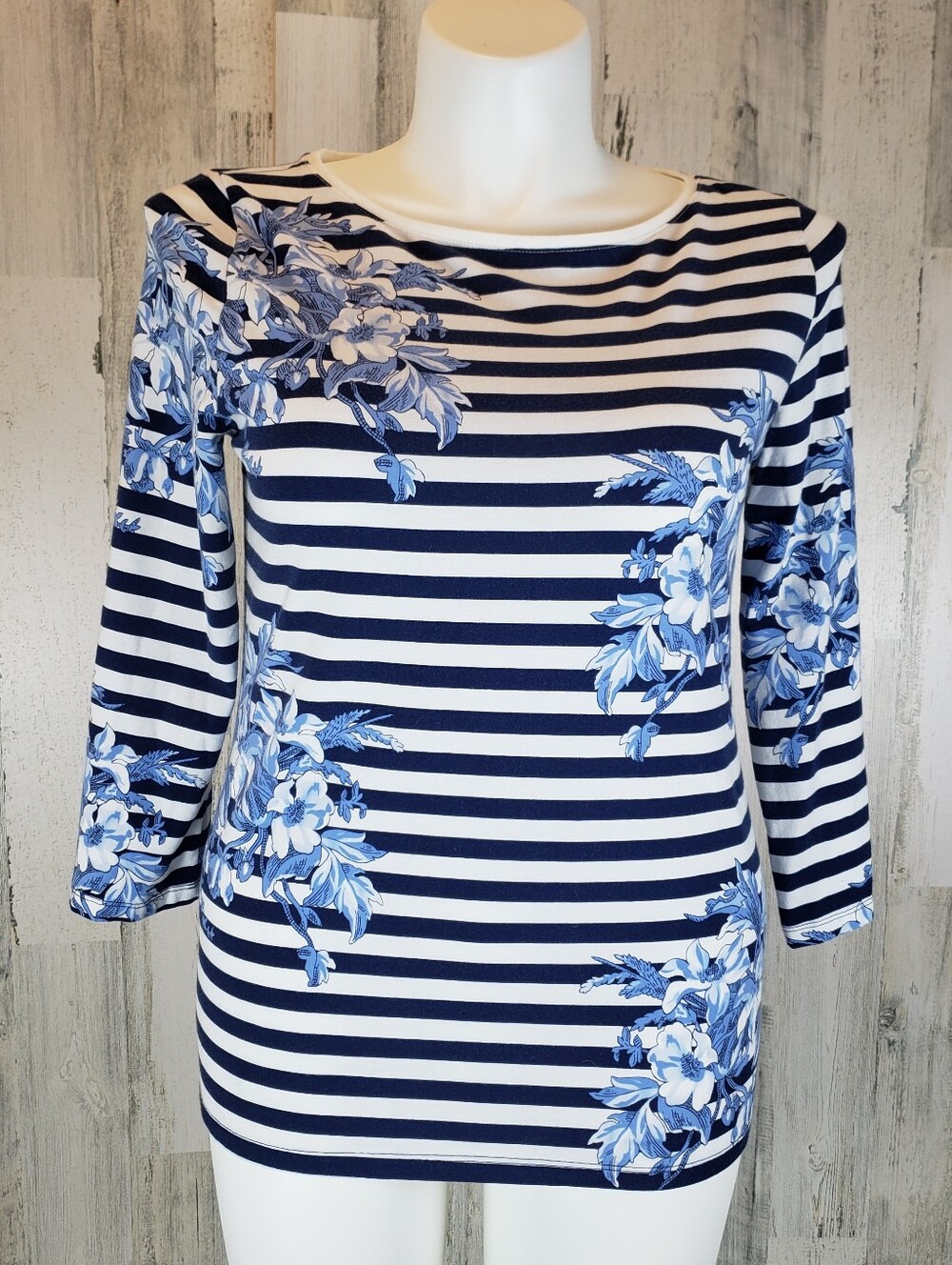 Talbots Navy & White Striped Floral Long Sleeve Top Size Large